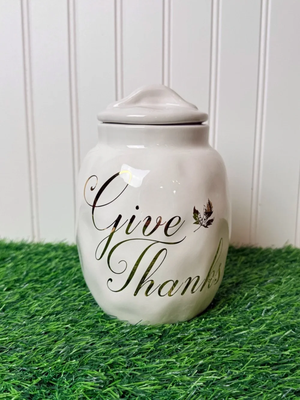 Give Thanks Ceramic Container W/Lid White/Gold Lettering Holiday